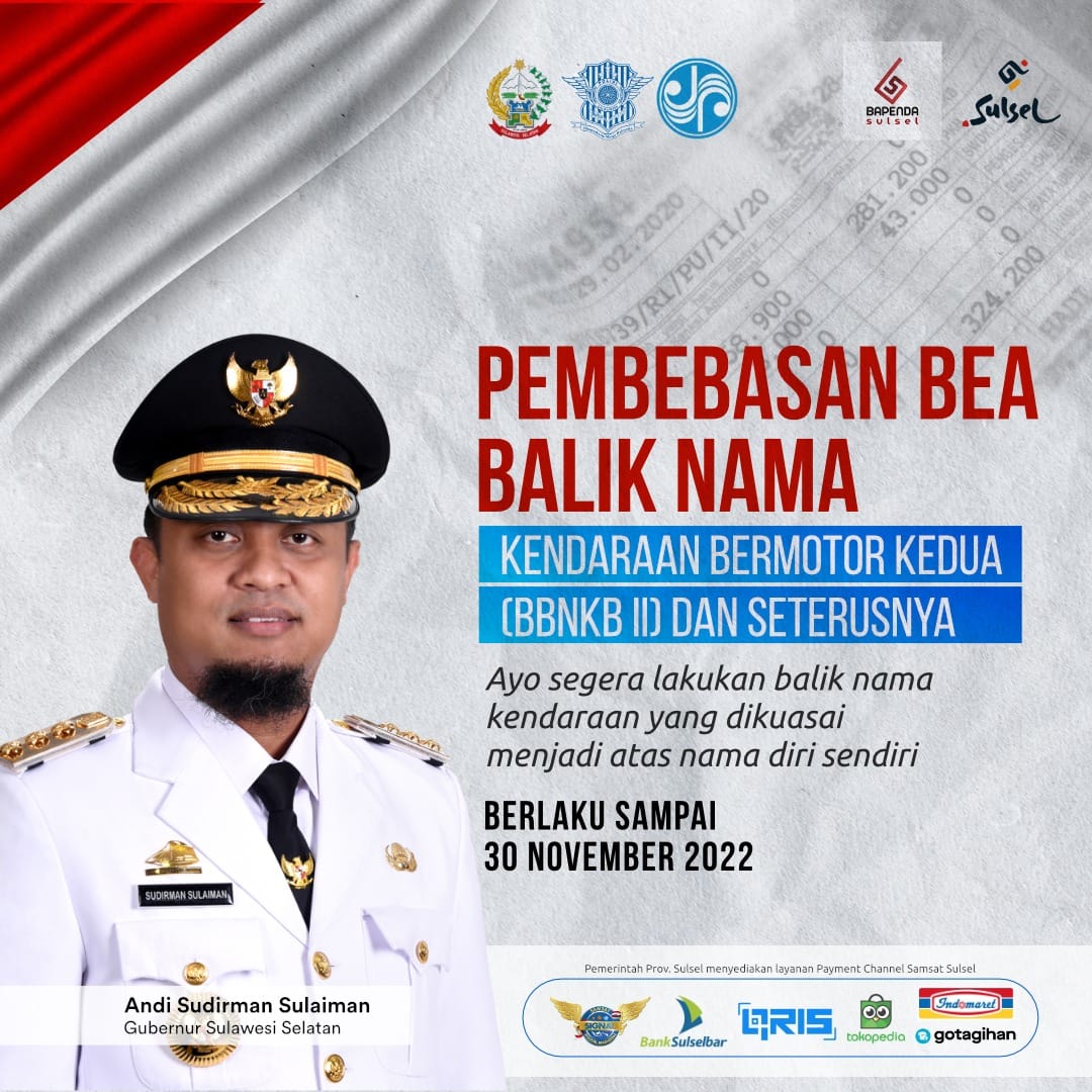 Pembebasan Bea Balik Nama di Sulsel Hingga 30 November 